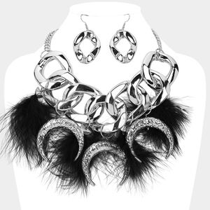 Silver Oversized Pendant Crescent Feather Necklace Chunky Statement Jewelry Set